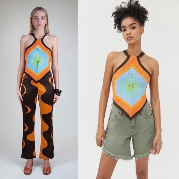 House Of Sunny Top Old Town Handkerchief Knit Halter Open-Back Retro Multi 8 GUC - Picture 11 of 11